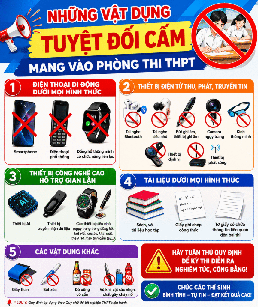 Vật dụng cấm mang vào phòng thi THPT 2026